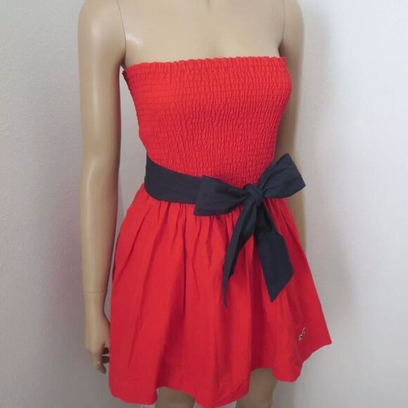 Hollister Womens Strapless Tube Top Dress Size Small Red & Navy Bow - Picture 5 of 8
